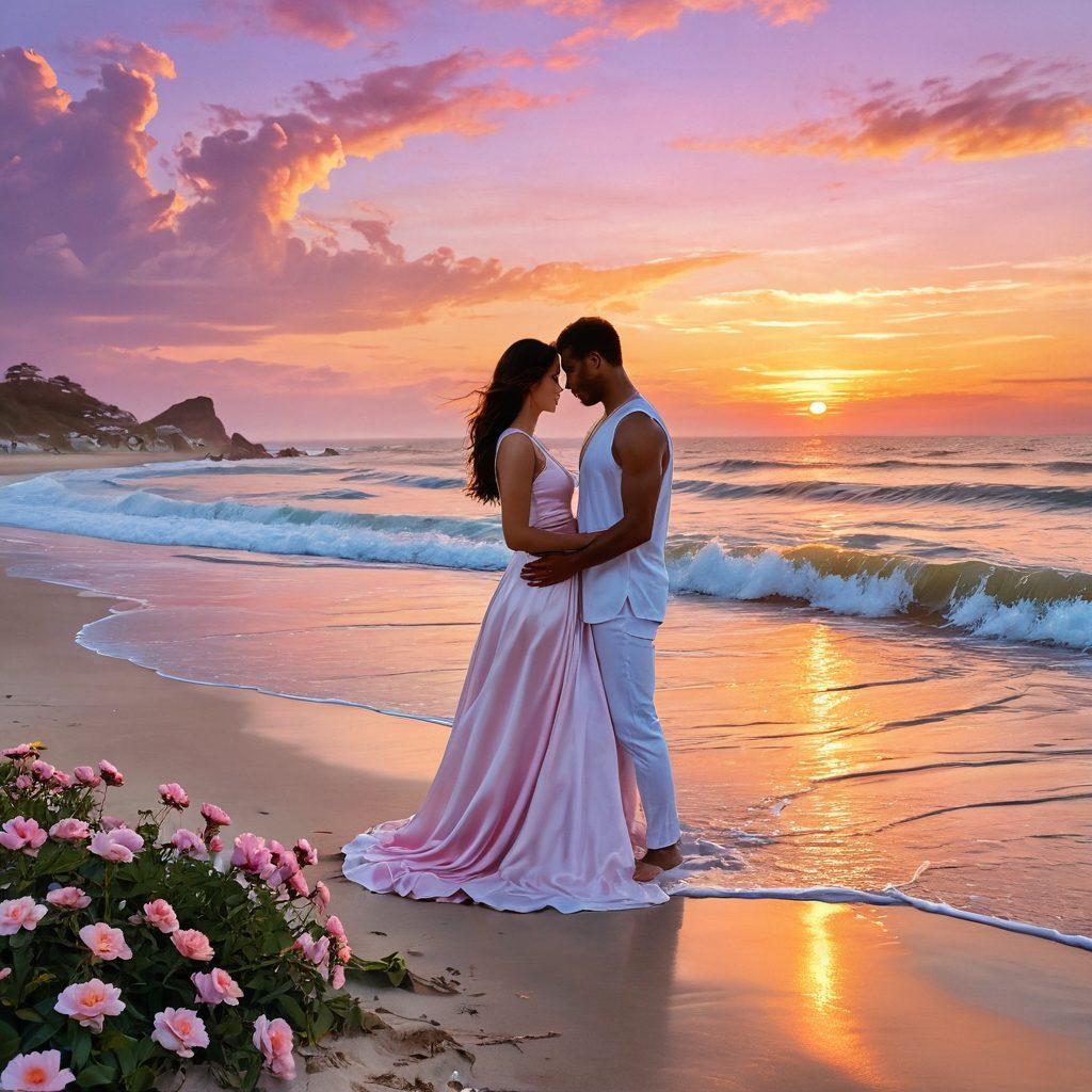A serene couple embracing amidst a backdrop of a picturesque sunset, their expressions radiating love and connection. Include soft pink and gold hues in the sky, and gentle waves lapping at their feet on a tranquil beach. Adorn the scene with delicate flowers in the foreground to symbolize intimacy and devotion. super-realistic. vibrant colors. warm tones.