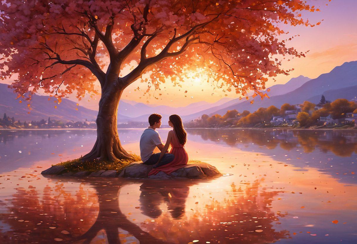 A serene couple sitting under a blossoming tree, surrounded by soft, glowing lights that symbolize their love. The scene reflects a vibrant sunset with warm colors melting into the horizon, representing the passage of time in their relationship. Heart-shaped leaves gently falling around them, embodying affection and connection. Romantic atmosphere with subtle whimsical elements like floating butterflies. super-realistic. vibrant colors. dreamy background.